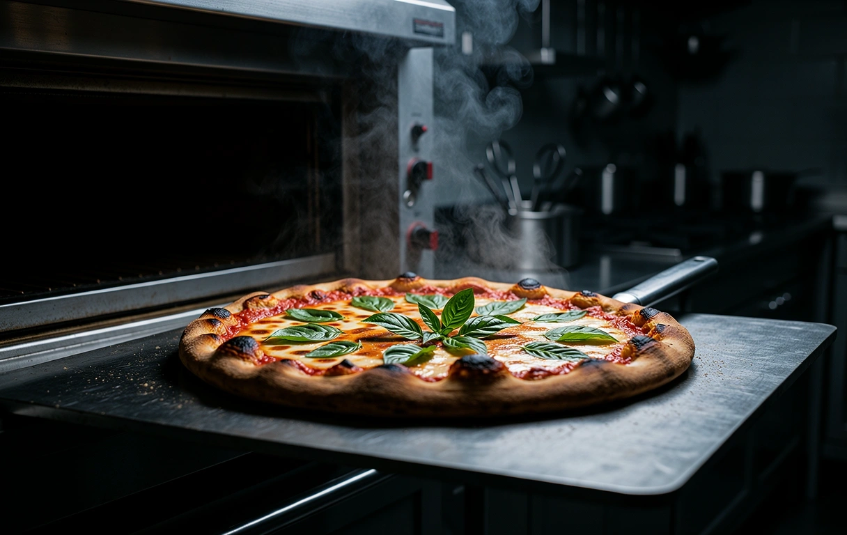 Artisanal pizza coming out of the oven